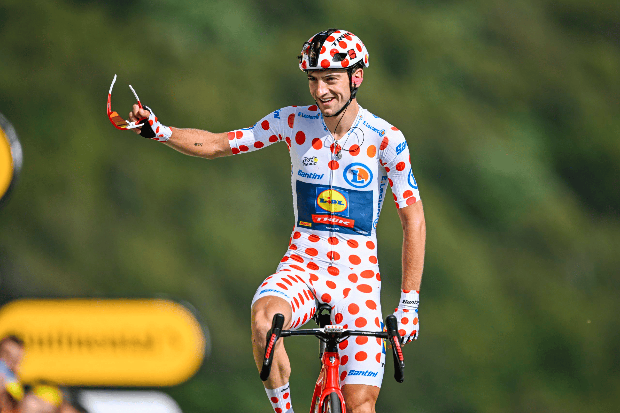 cyclist sporting the polka dot jersey