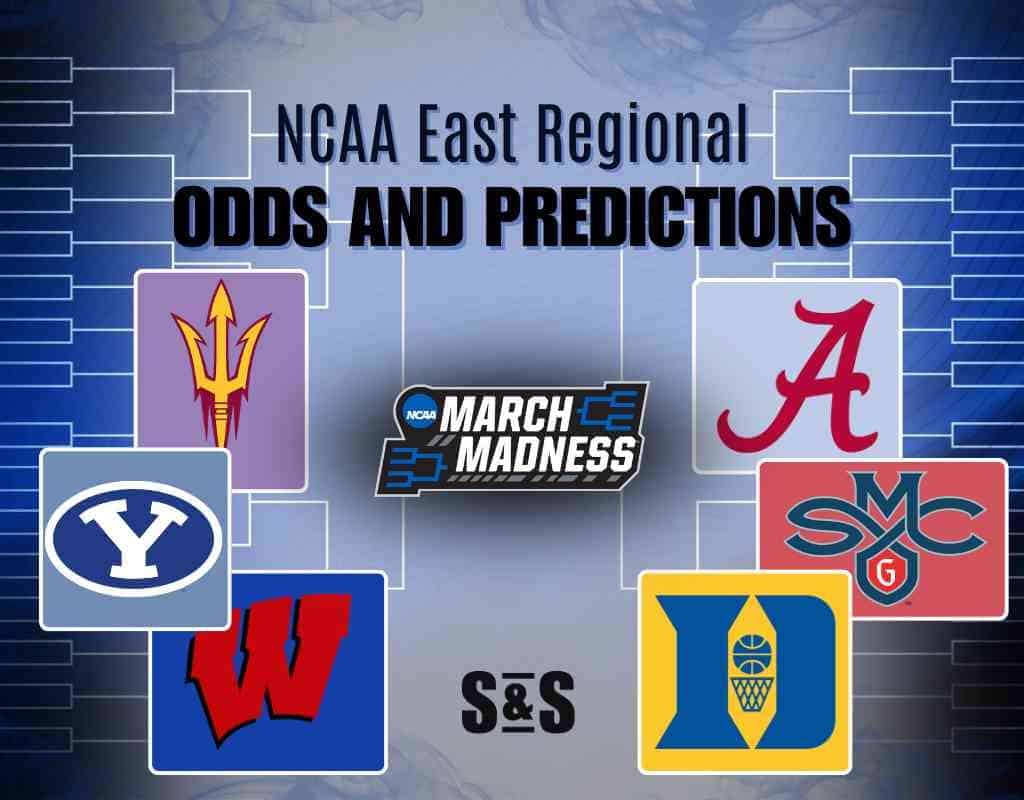 NCAA East Regional March Madness Odds and Predictions graphic featuring team logos, bracket outlines, and a blue background.