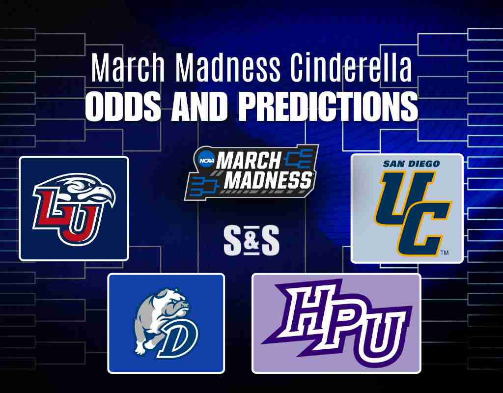 March Madness Cinderella Odds and Predictions graphic featuring team logos, bracket outlines, and a dark blue background.