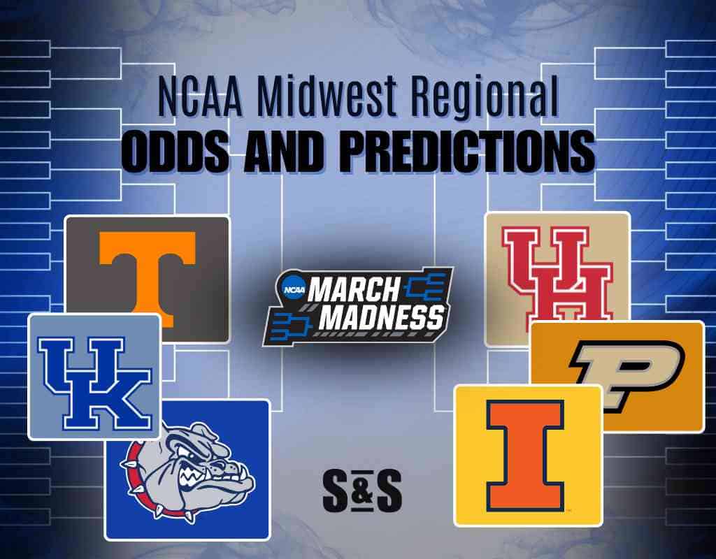 NCAA Midwest Regional March Madness Odds and Predictions graphic featuring team logos, bracket outlines, and a blue background.