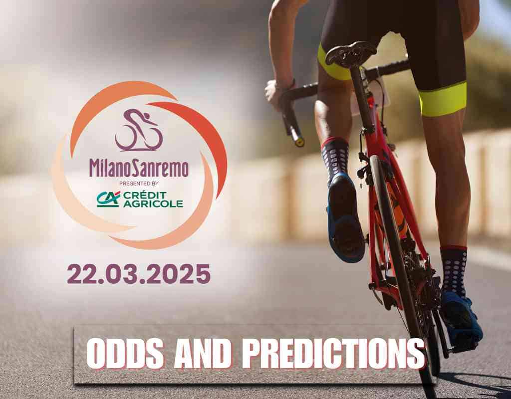 Milano-Sanremo cycling race promotional graphic with event date 22.03.2025, Crédit Agricole sponsorship logo, and a cyclist riding a red bike on a road.