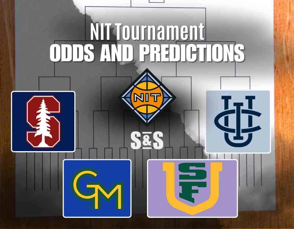 NIT Tournament Odds and Predictions graphic featuring team logos, bracket outlines on a wooden surface, and the NIT basketball logo at the center.