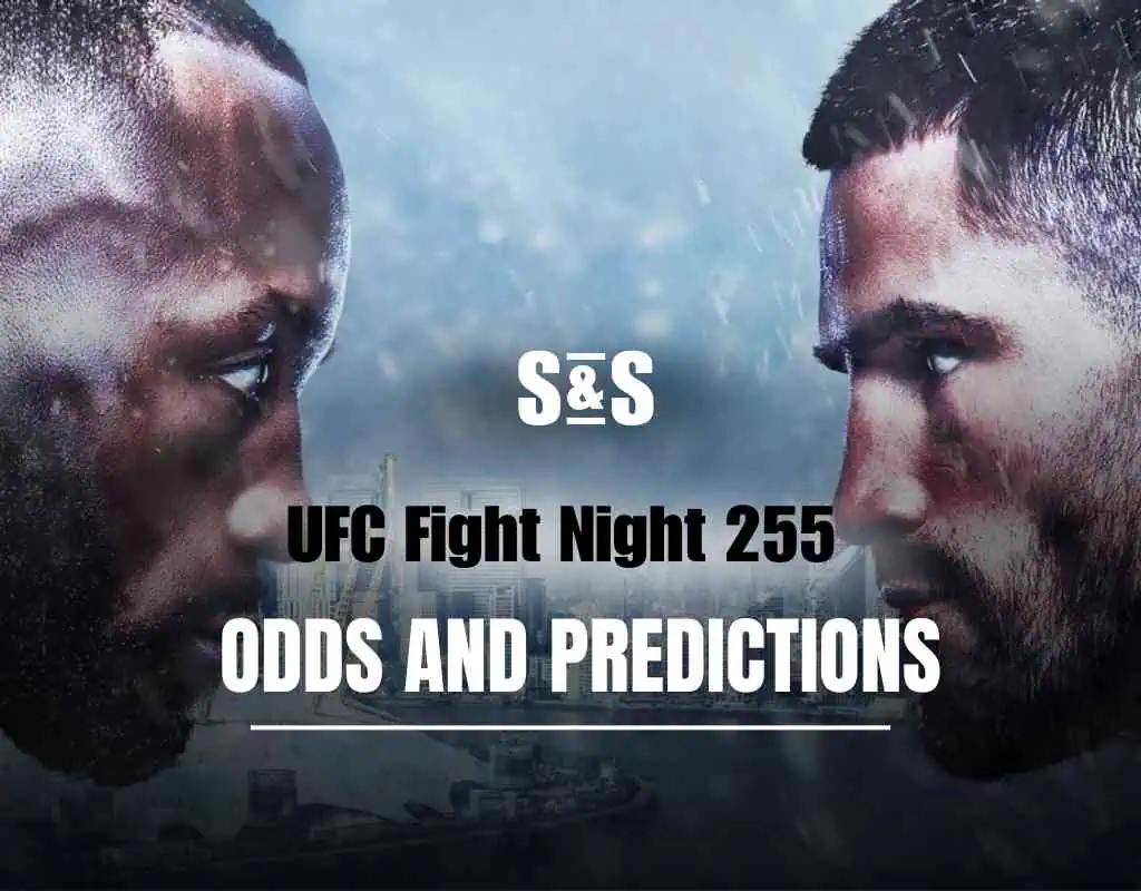 UFC Fight Night 255 Odds and Predictions graphic featuring two fighters in an intense face-off.